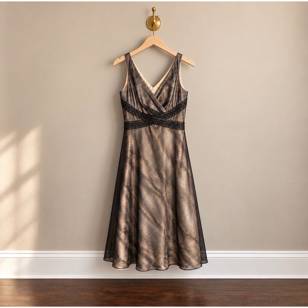 Eliza J New York Metallic Bronze Black Mesh Beaded Empire Waist Dress 10